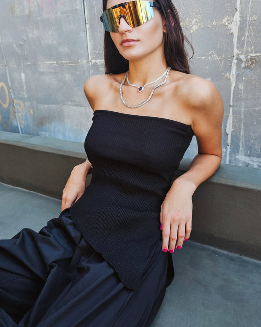 Asymmetrical mesh strapless bustier