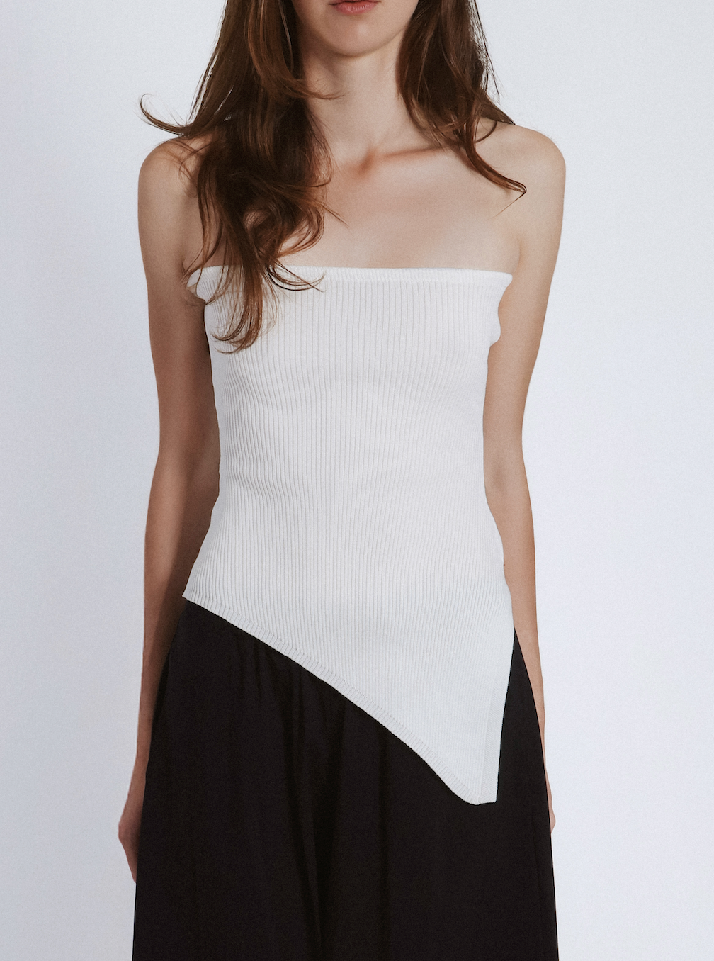 Asymmetrical mesh strapless bustier