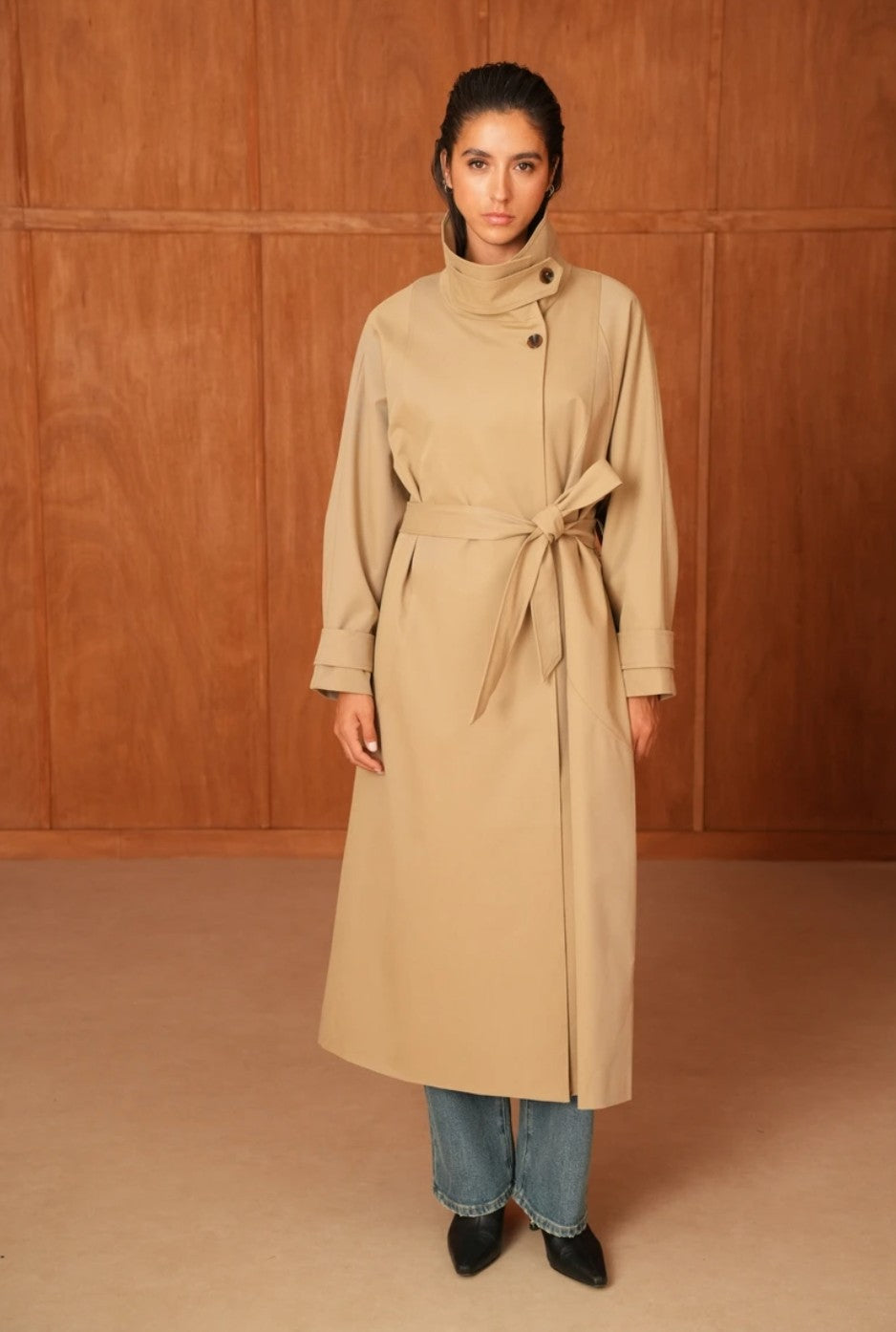 Utility Oversized long belted trench coat with high collar