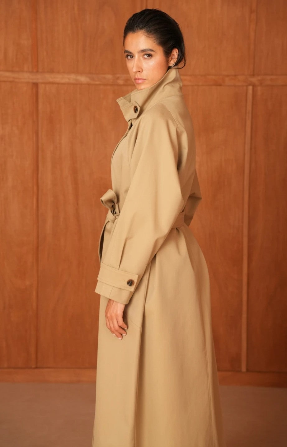 Utility Oversized long belted trench coat with high collar