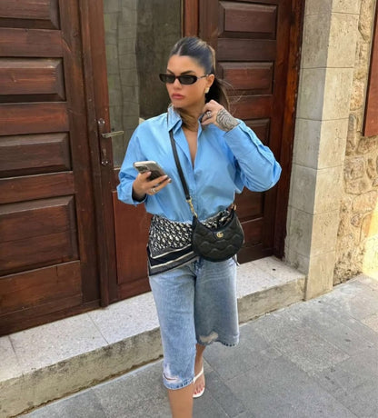 Denim wide leg bermuda shorts