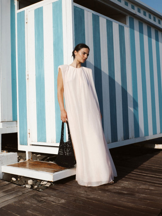 Padded-shoulder silk maxi dress