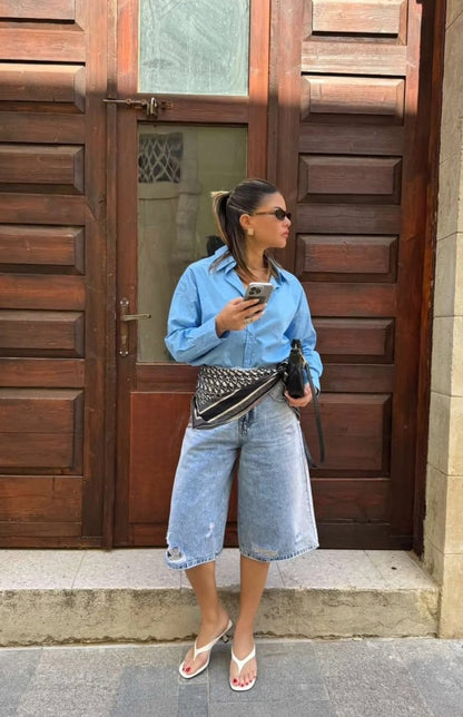 Denim wide leg bermuda shorts
