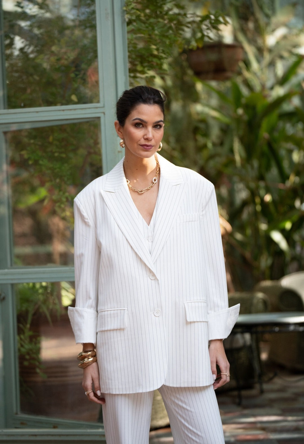 [Allure] OVERSIZE Blazer Fine stripes and white sleeve reverse