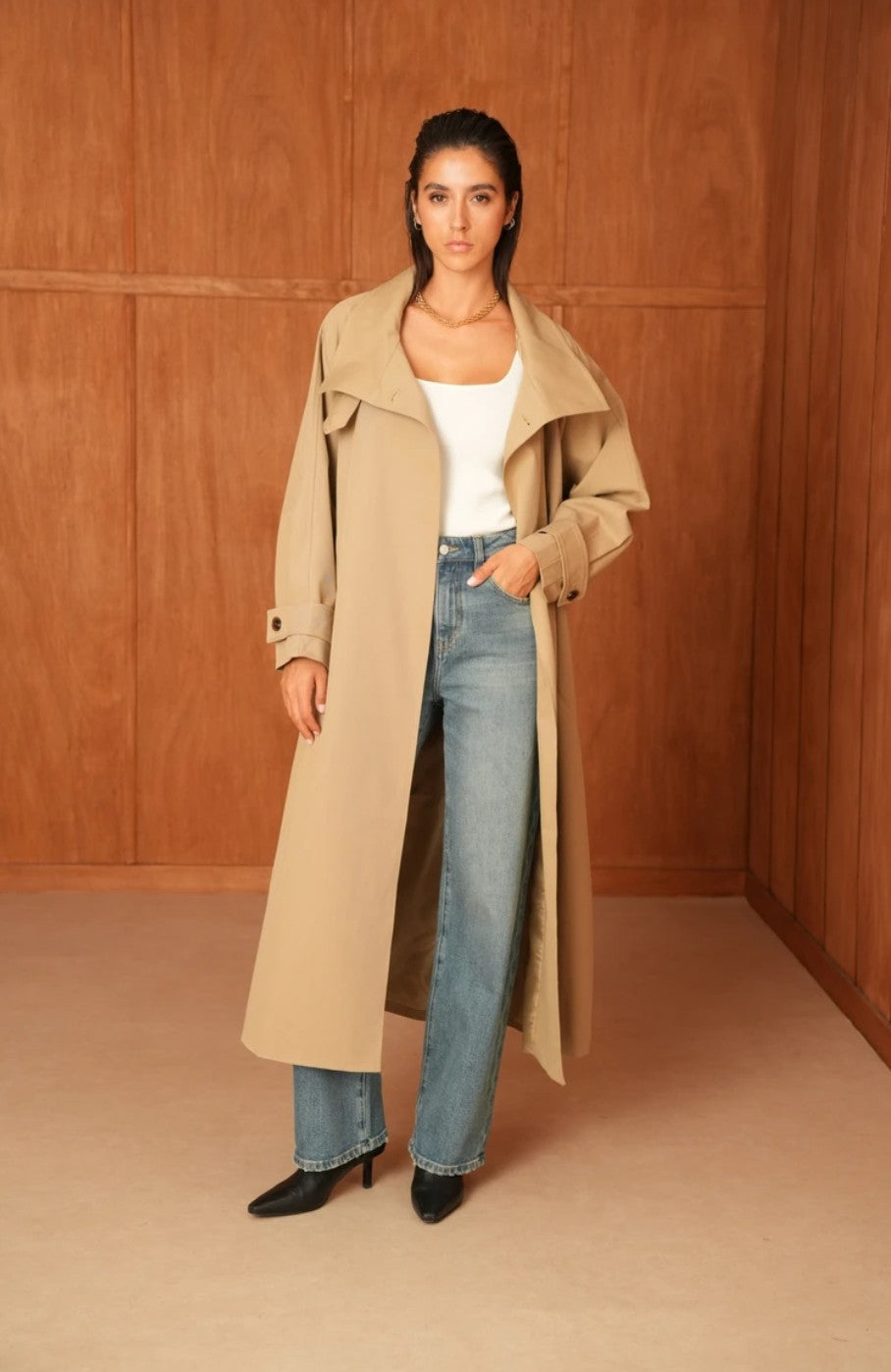 Utility Oversized long belted trench coat with high collar