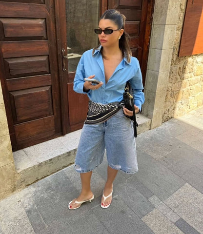 Denim wide leg bermuda shorts