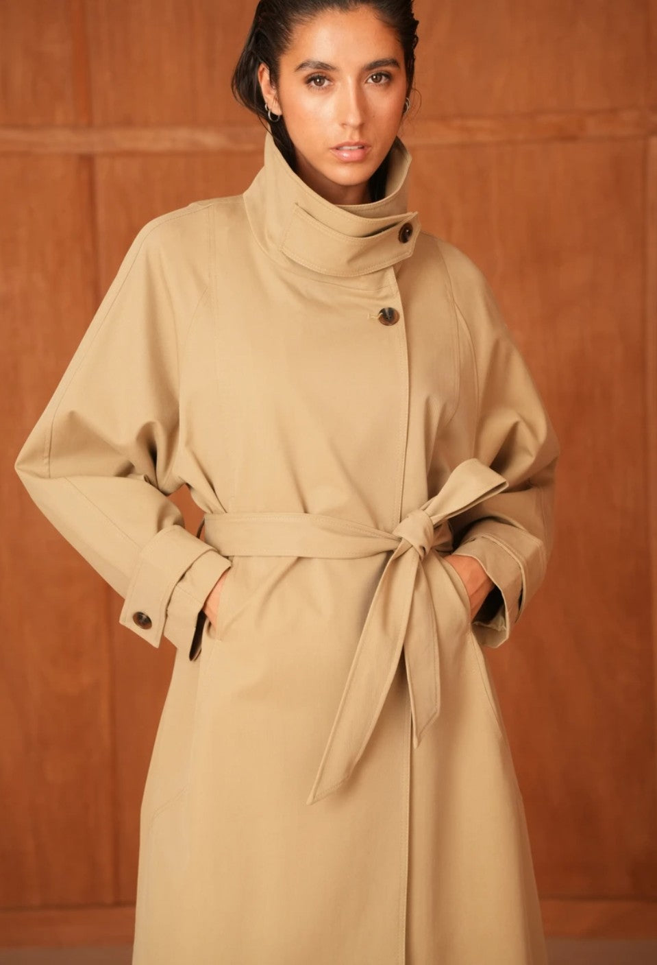 Utility Oversized long belted trench coat with high collar